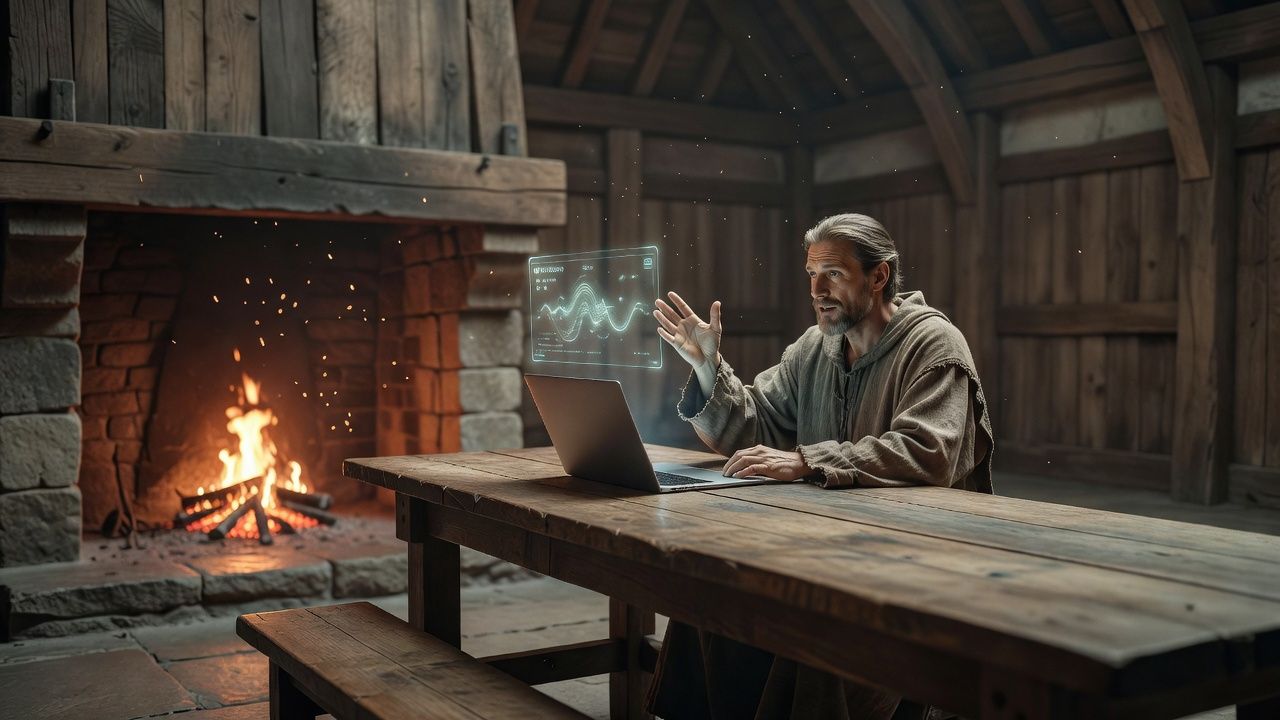 Storyteller gesturing beside a low fire in a great hall
