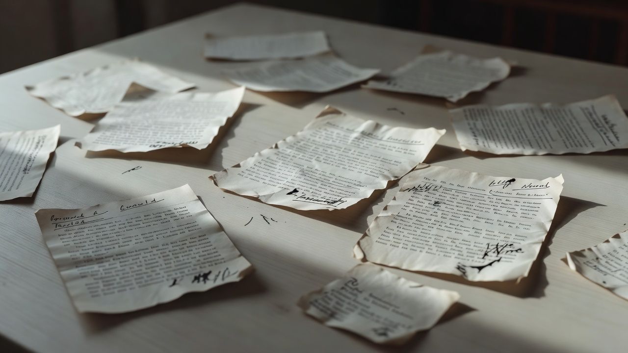 Loose typewritten pages scattered across a table with handwritten margins