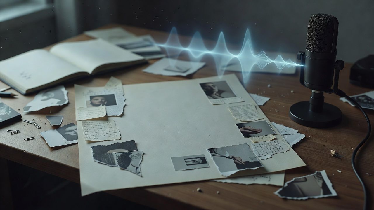 Annotated draft pages with cut-and-pasted fragments on a cluttered desk