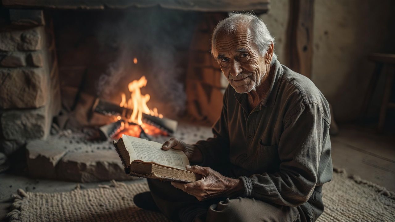 Elderly storyteller seated by a fire reading from a worn book