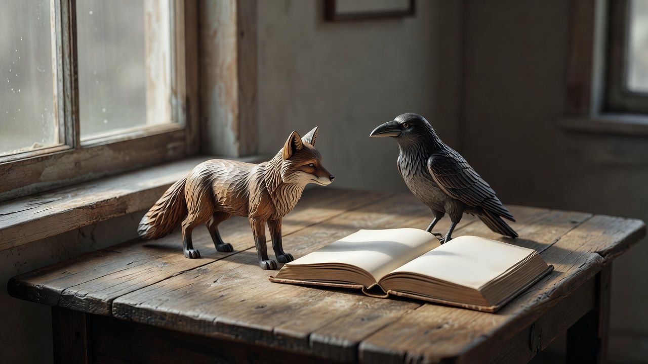 Carved wooden fox and crow figures beside an open book