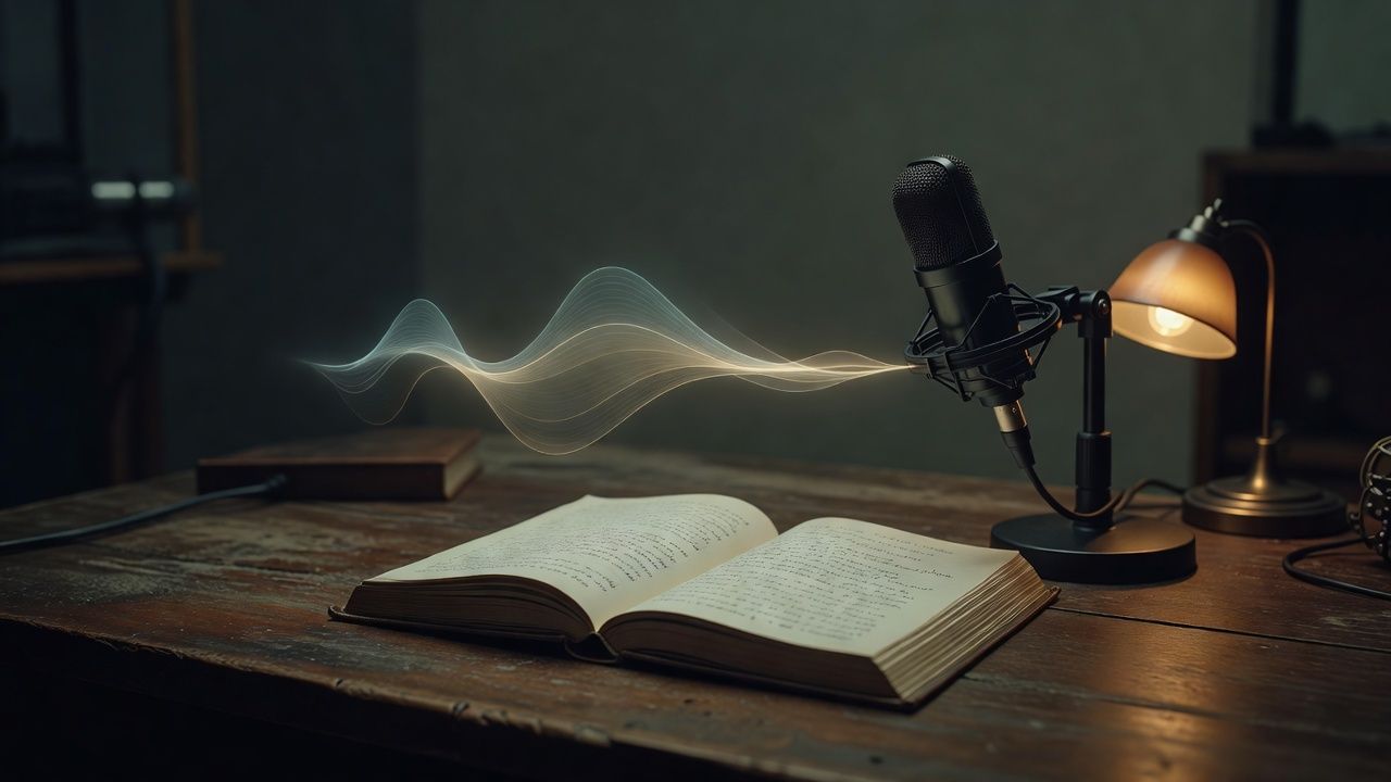 Open book of short tales on a desk with a small lamp