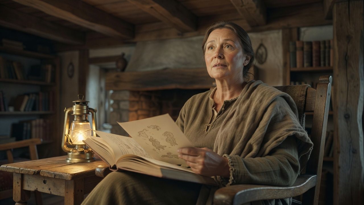 Storyteller reading from an open illustrated book by lantern light