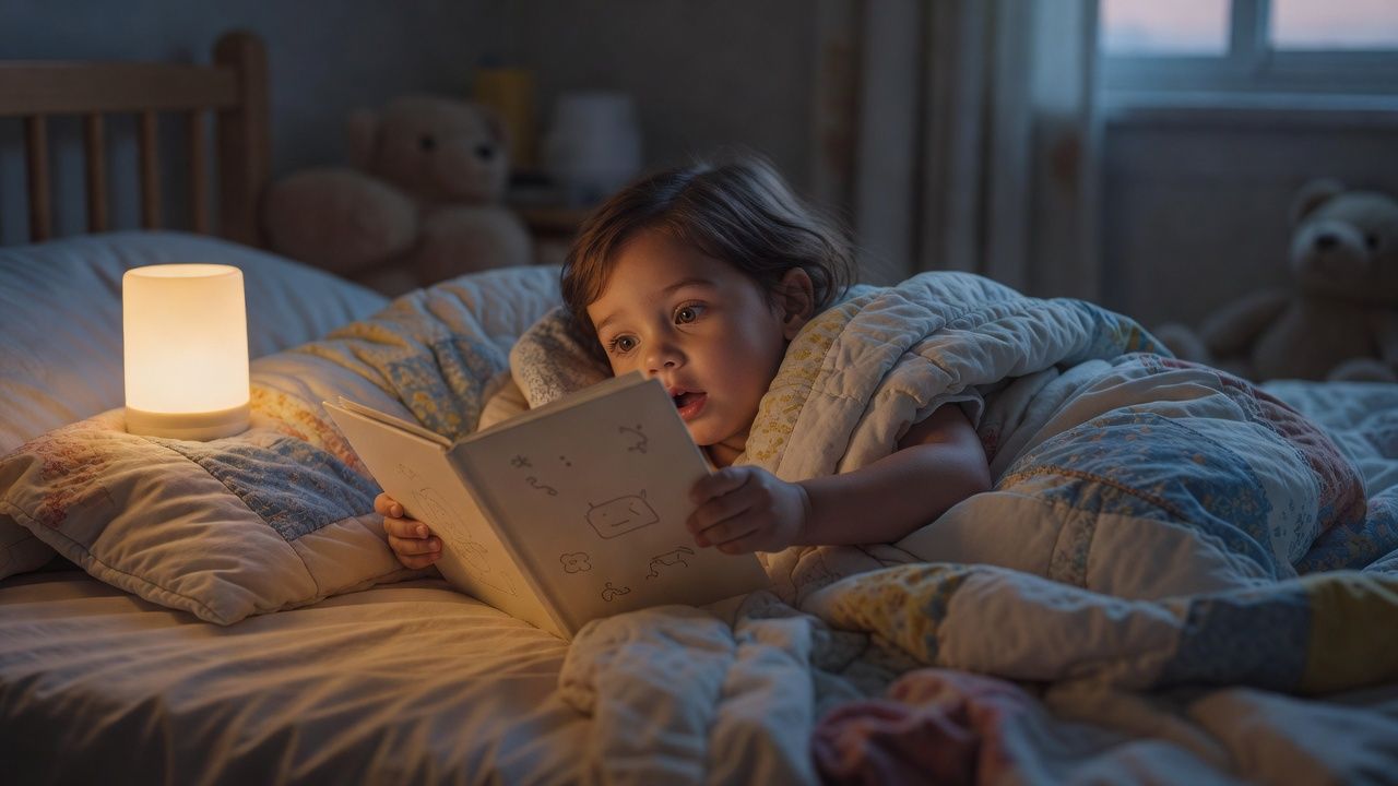 Child curled up with a picture book under a glowing nightlight