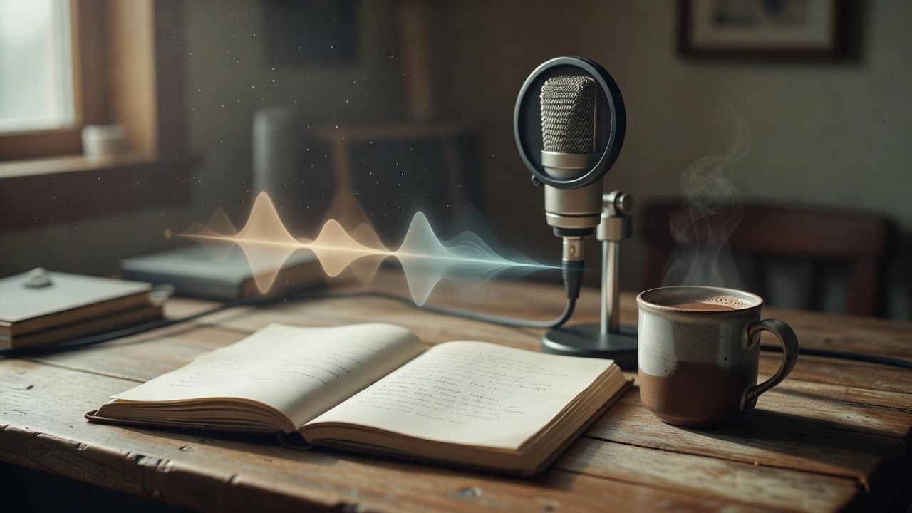 Open storybook pages and a cup of cocoa on a wooden table