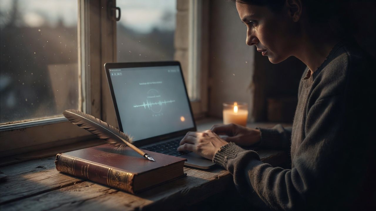 Candle, quill, and a thick gilded book on a cozy windowsill