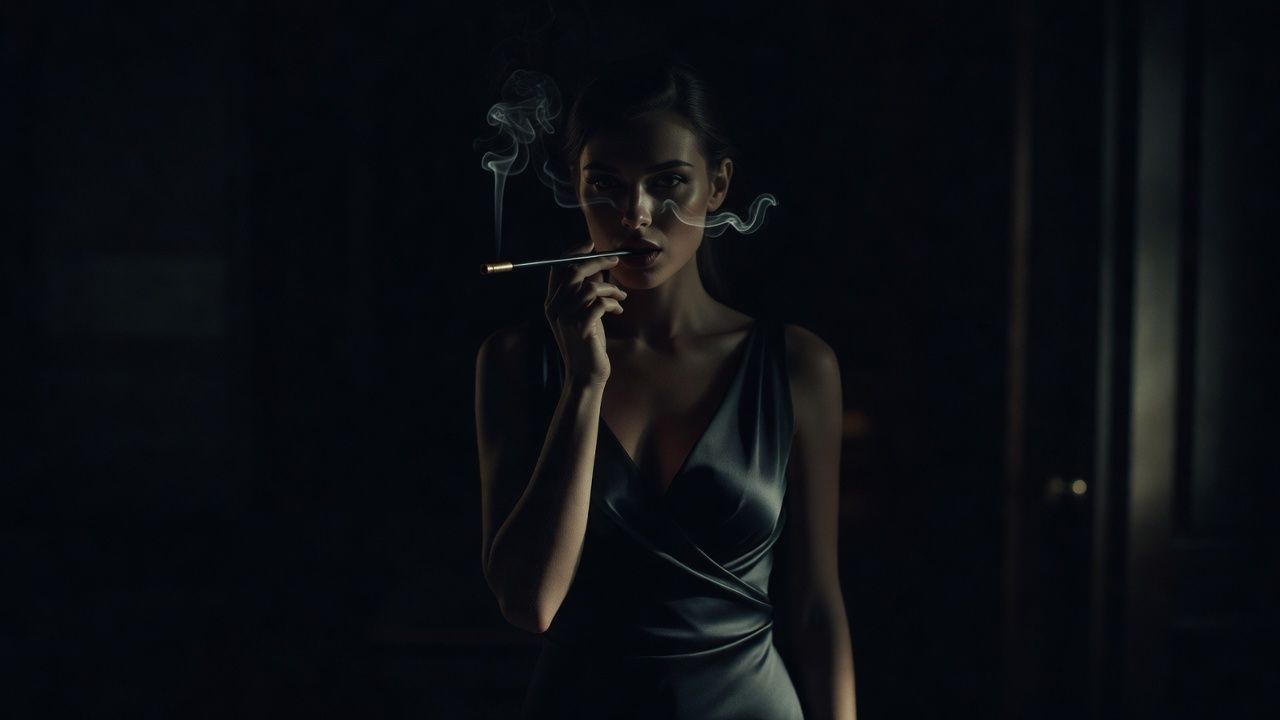 Woman in a dark silhouette beside a smoking cigarette holder under low light