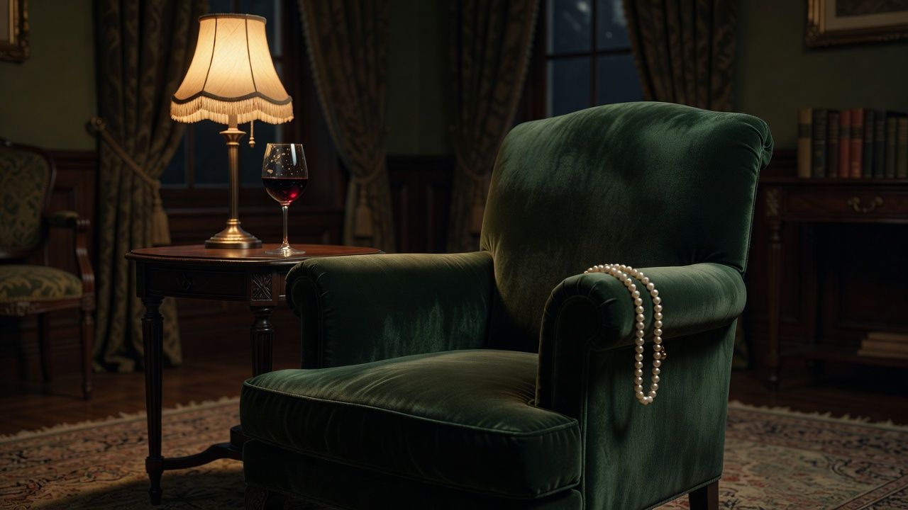 Velvet armchair, a single pearl necklace, and a glass of red wine