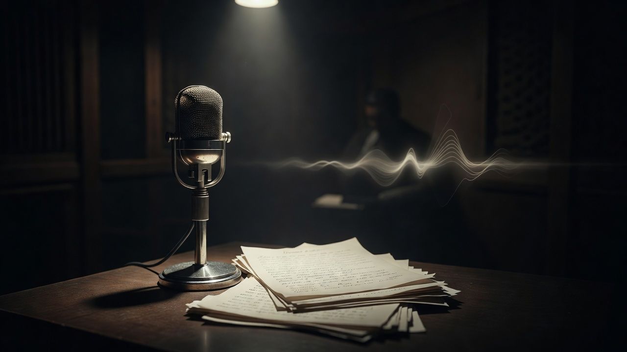 Vintage microphone on a stand beside a script under a warm spotlight