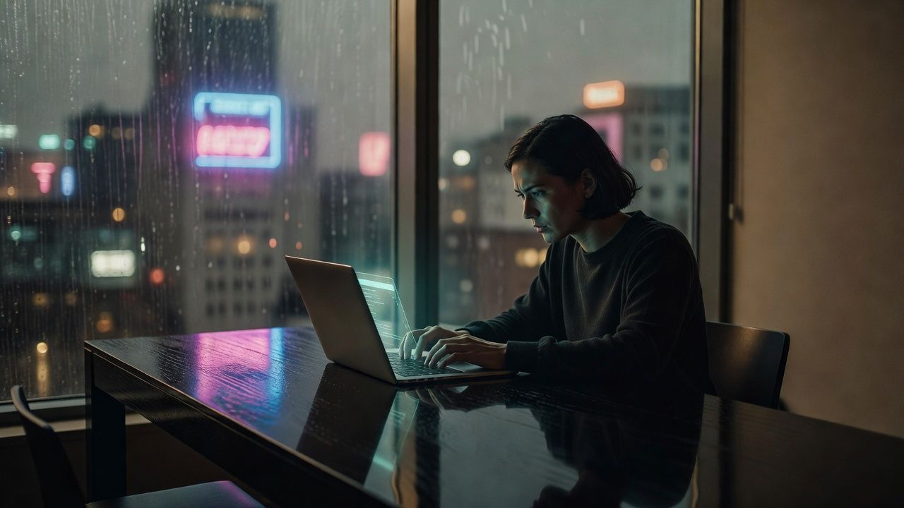 Rain-streaked window with a neon glow reflecting on a polished table