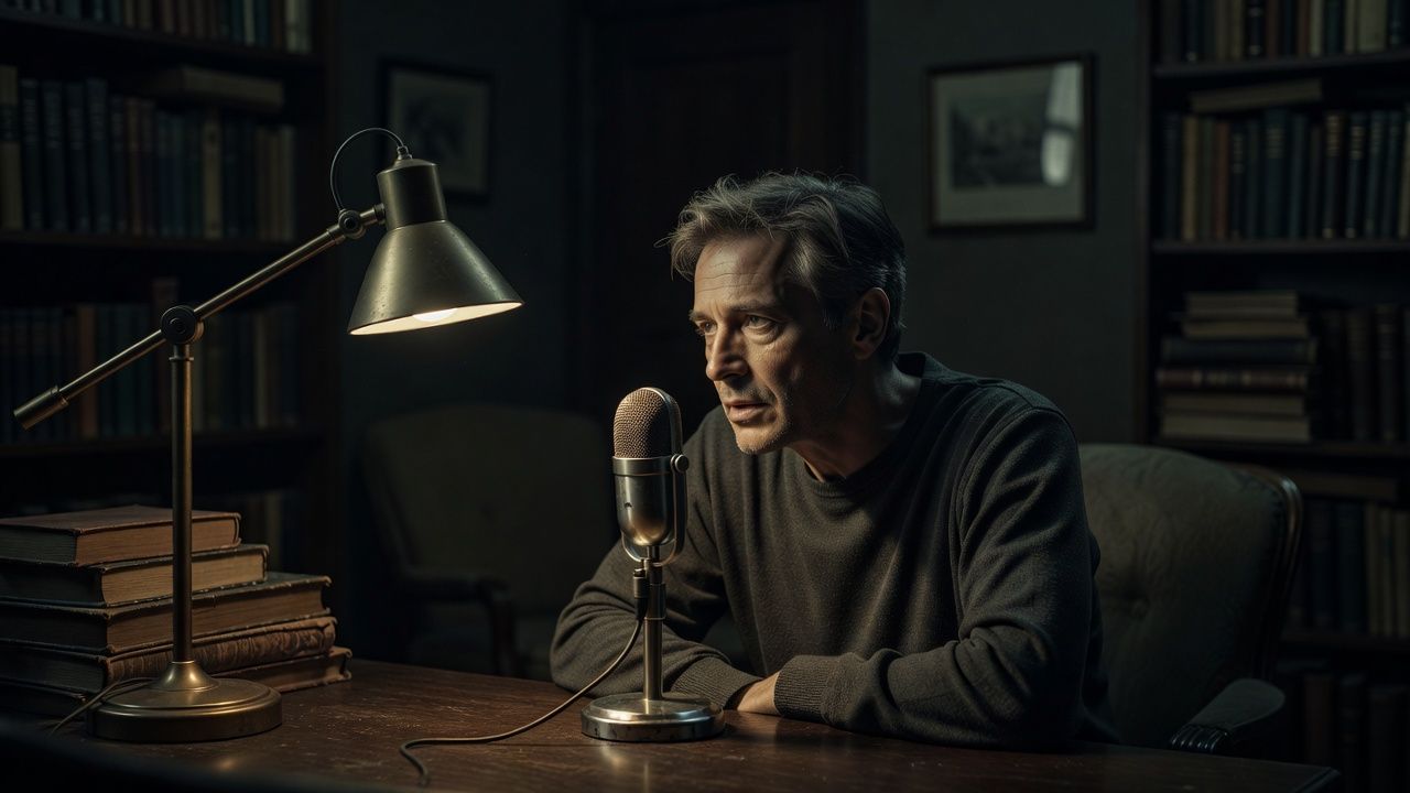 Person speaking softly into a microphone in a dim home study