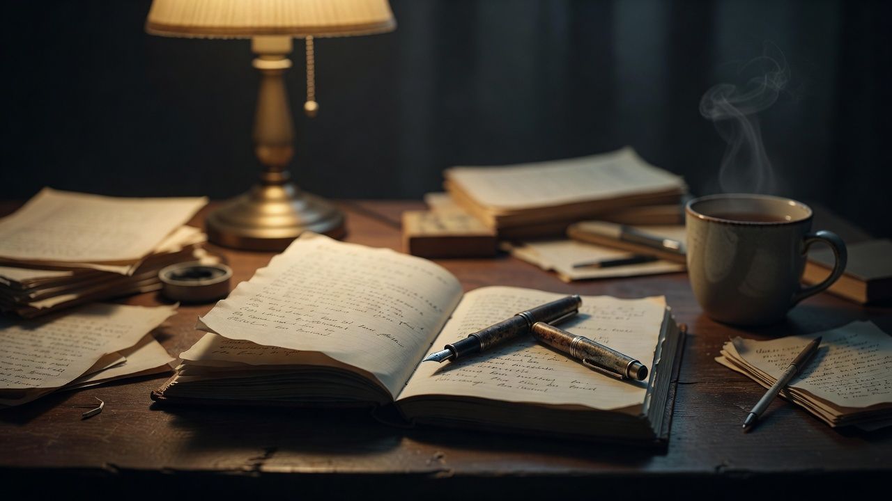 Open journal and pen beside a warm reading lamp on a desk