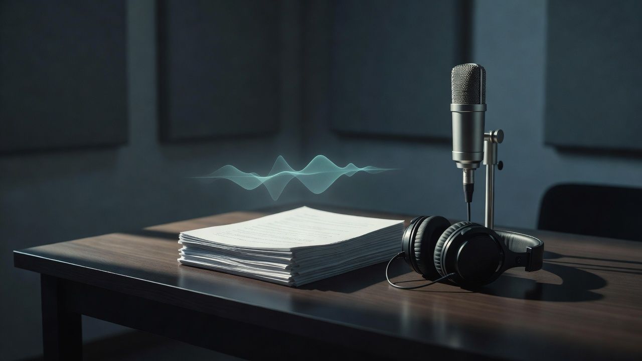 Handwritten manuscript pages stacked beside headphones