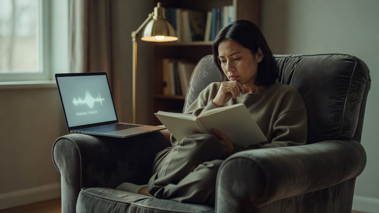 Reader curled in an armchair with an open notebook