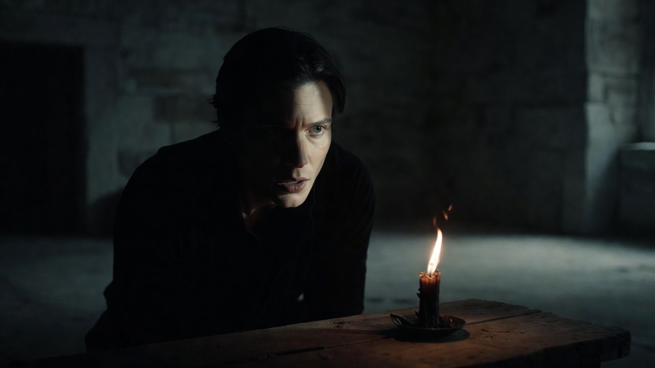 Pale-lit narrator telling a tale beside a dim flickering candle