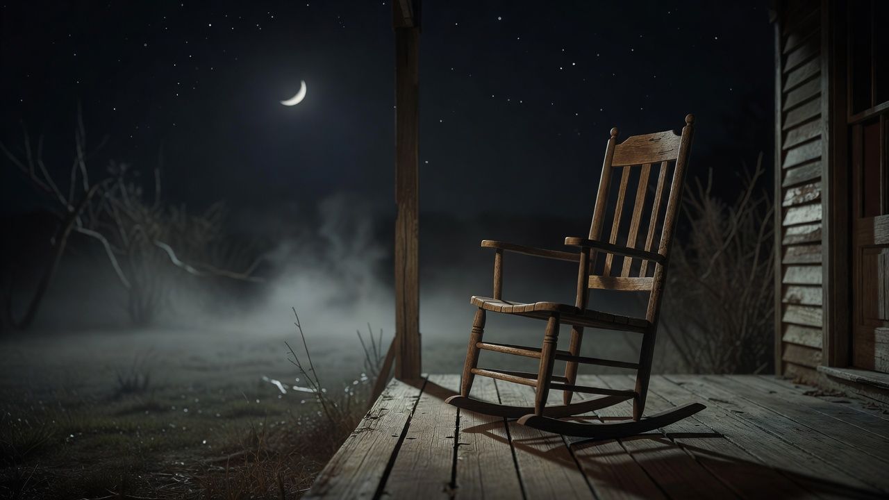 Empty rocking chair on a porch under a thin crescent moon