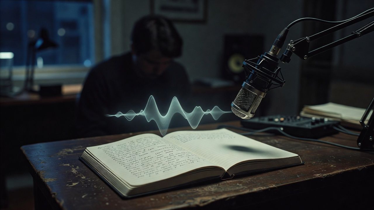 Open notebook of handwritten tales on a desk in low blue light