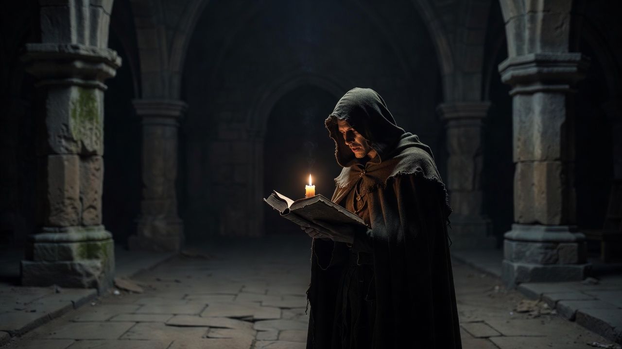 Cloaked figure reading by candlelight in a draughty stone hall