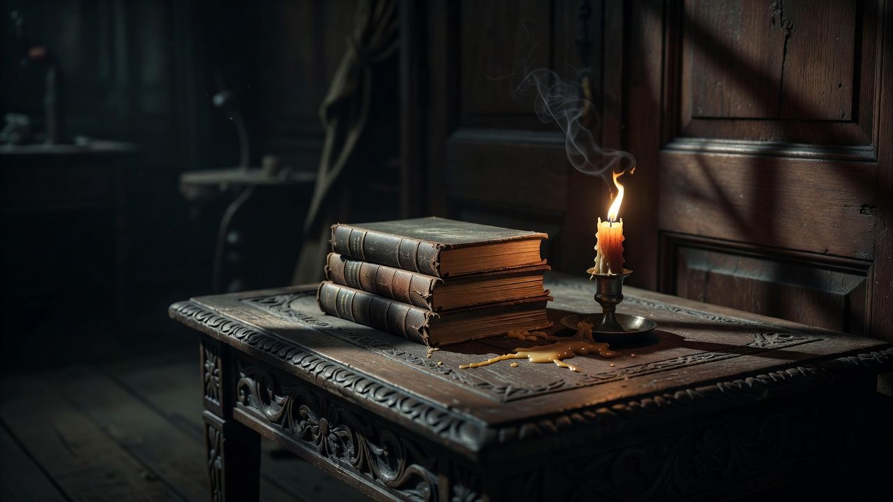 Leather-bound books and a guttering candle on a dark wooden table