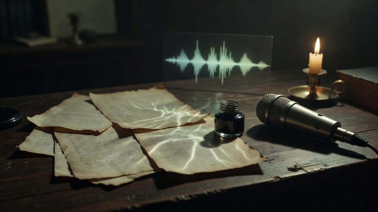 Yellowed manuscript pages and an inkwell beside a flickering candle