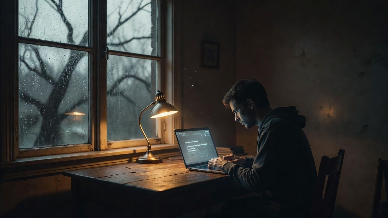 Rain-streaked window of an old house with a single lamp glowing within
