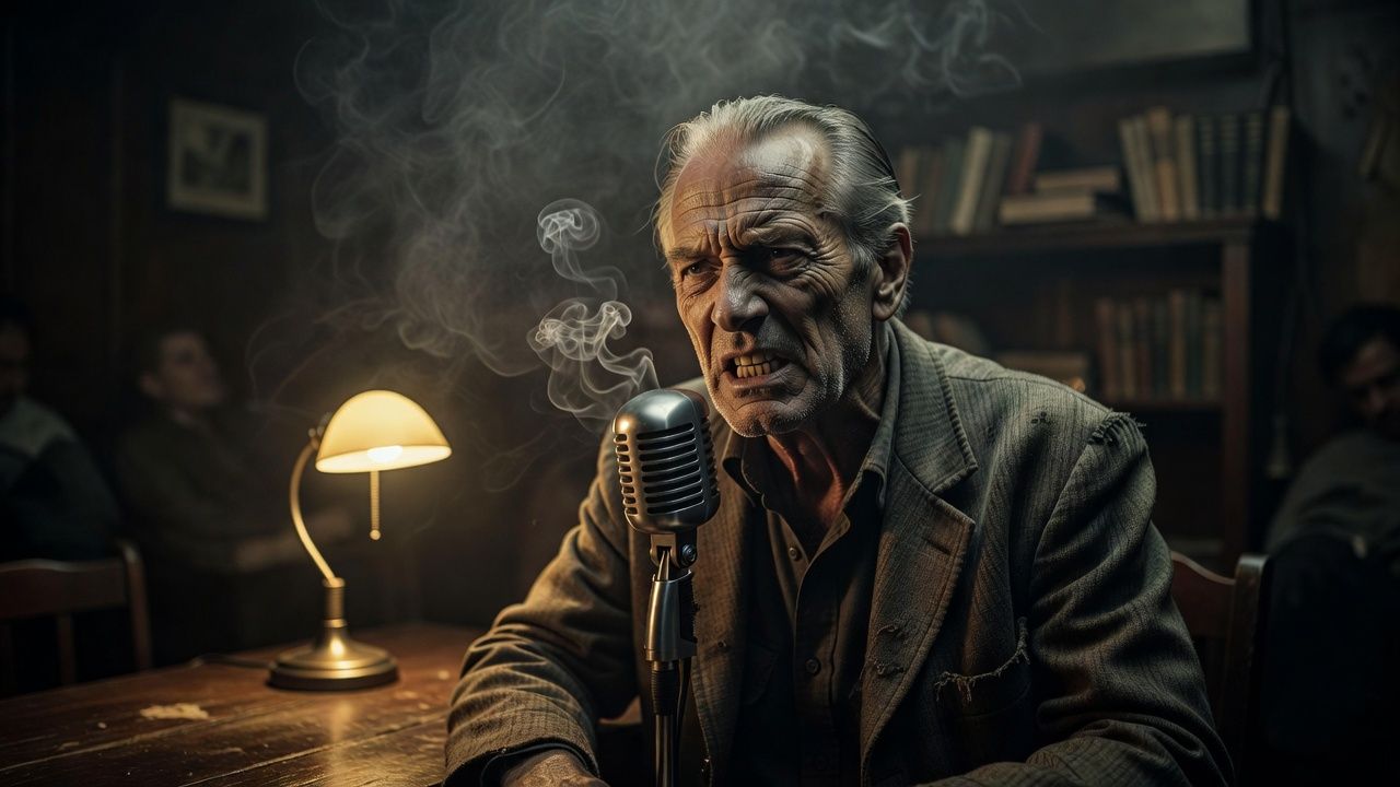 Weathered storyteller speaking into a microphone in a dim, smoky room