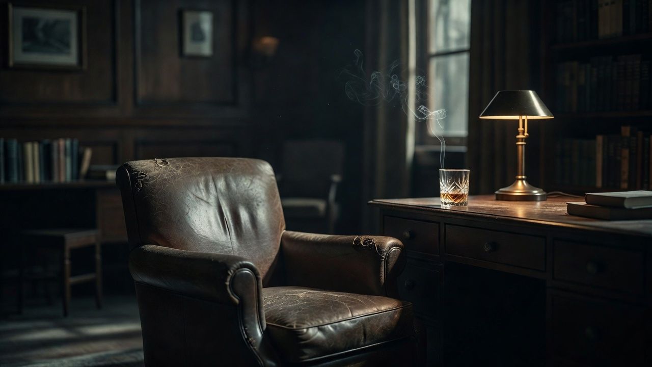 Worn leather chair and an empty glass under a low desk lamp