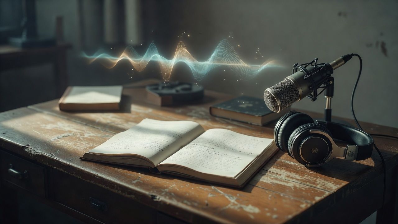 Open manuscript pages and headphones on a scuffed wooden desk