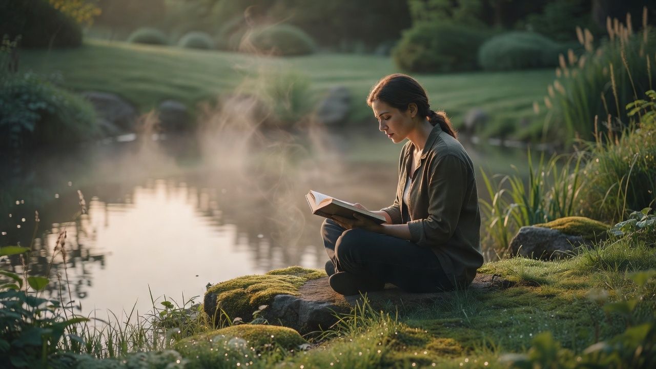 Reader seated by a still garden pond in soft morning light