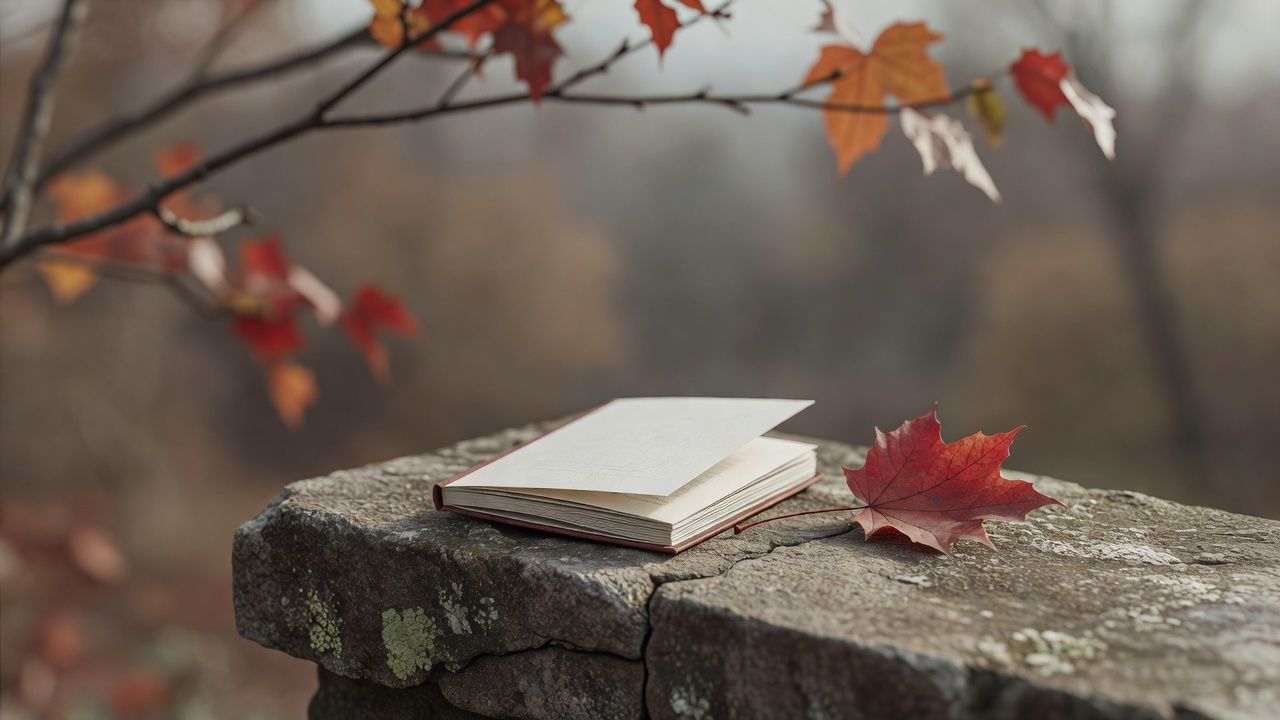 Small folded poetry booklet beside a single fallen leaf