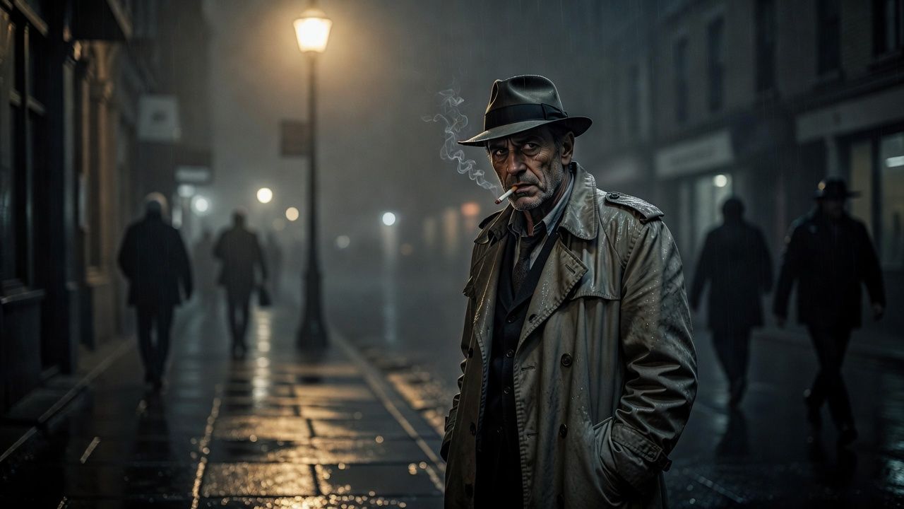 Detective in a trench coat under a flickering streetlamp at night