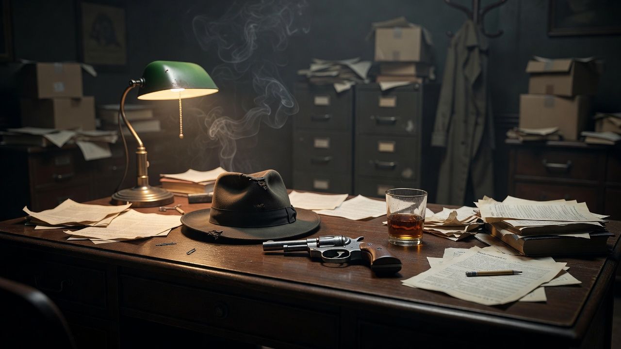 Cluttered desk with a fedora, revolver, and tumbler of whiskey