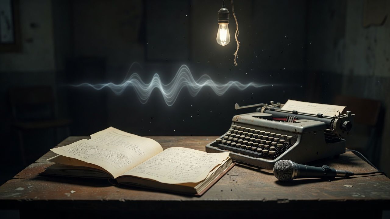 Open case file and typewriter under a single hanging bulb