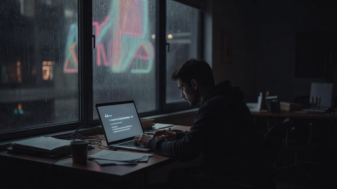 Rain on a window beside a glowing neon sign in an empty office