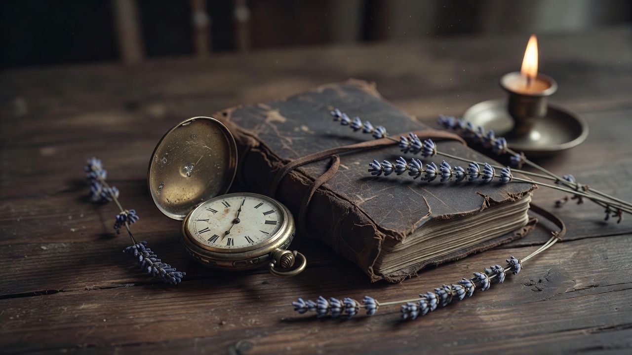 Antique pocket watch and a leather-bound journal on a wooden table
