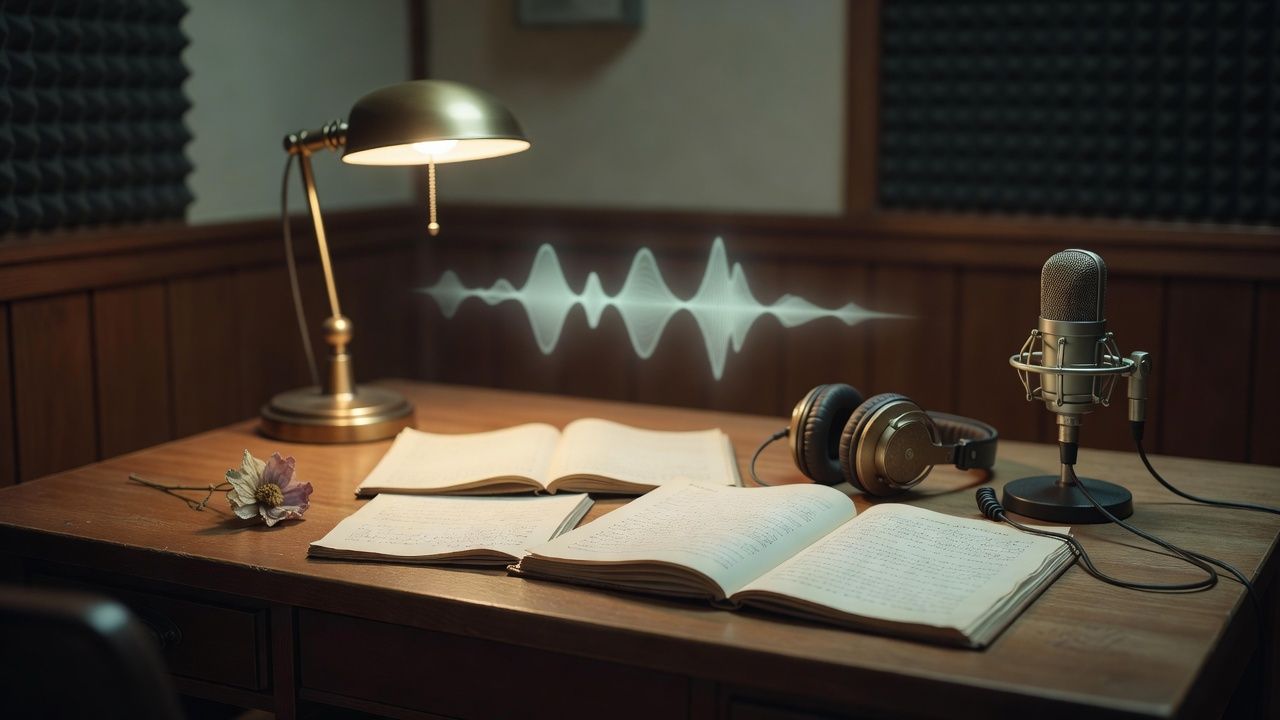 Open manuscript pages beside headphones and a pressed flower on a desk