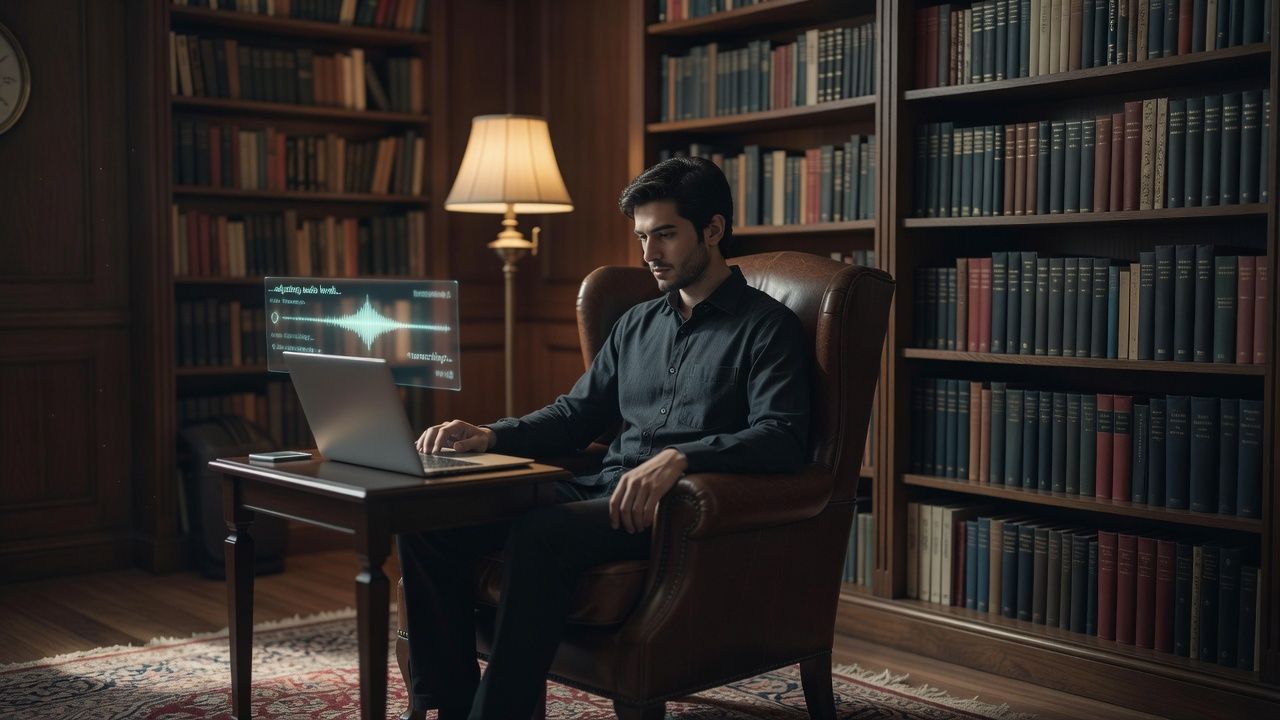 Reader in a wingback chair beside a tall bookshelf and a brass lamp