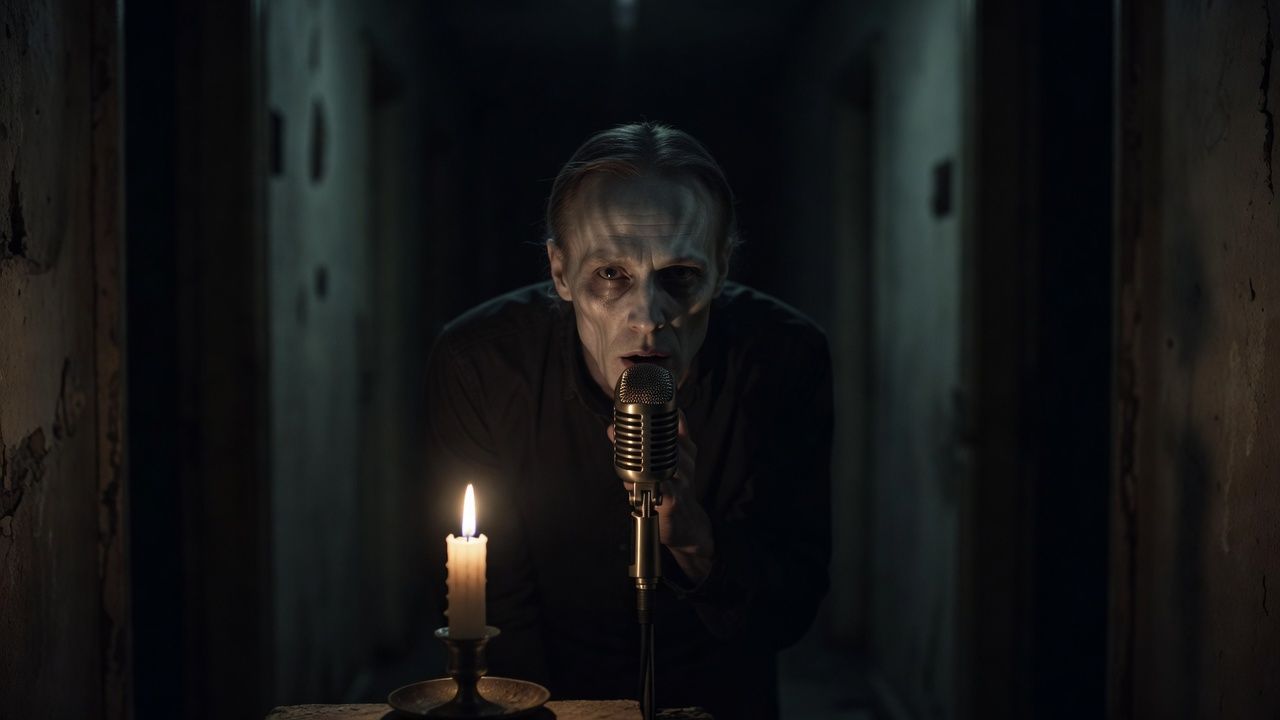 A single candle guttering at the end of a dark hallway
