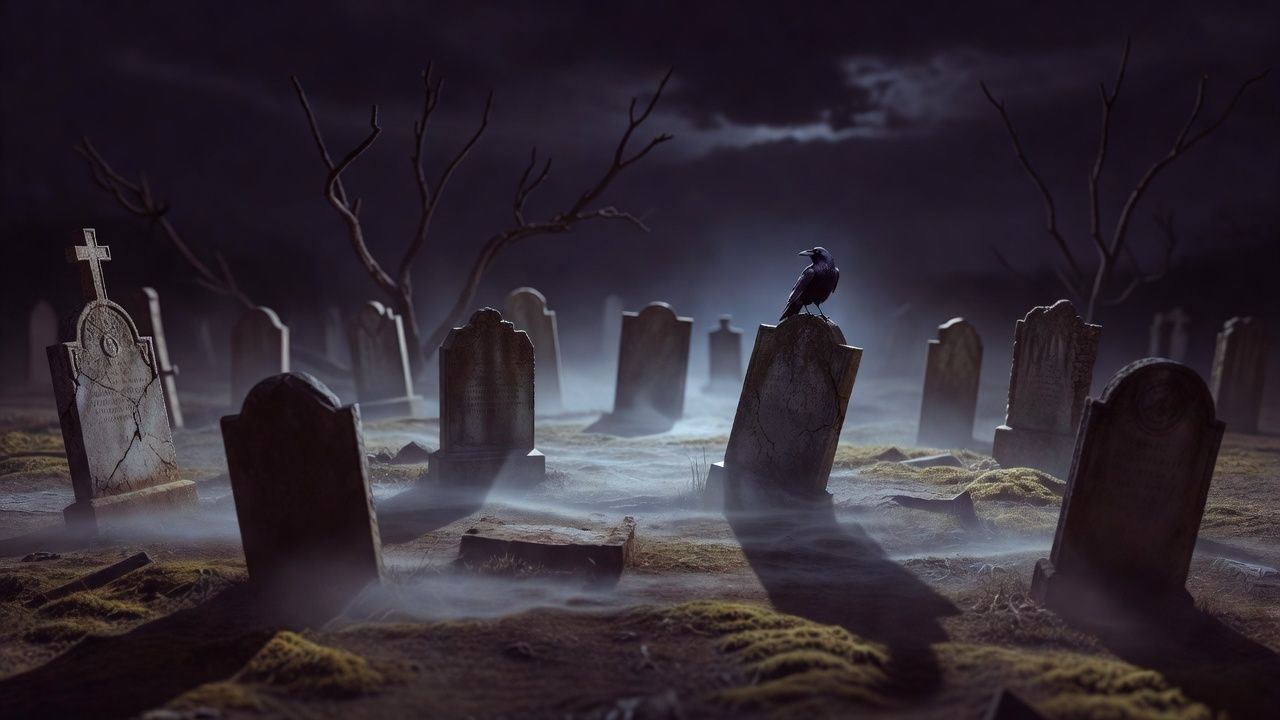 Fog rolling across a moonlit graveyard with leaning headstones