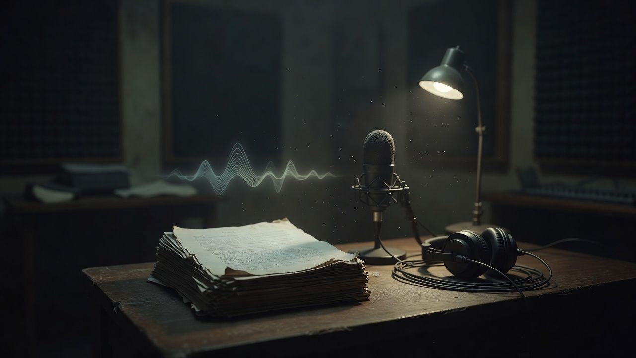 Worn manuscript pages beside headphones in a dim, shadowed room