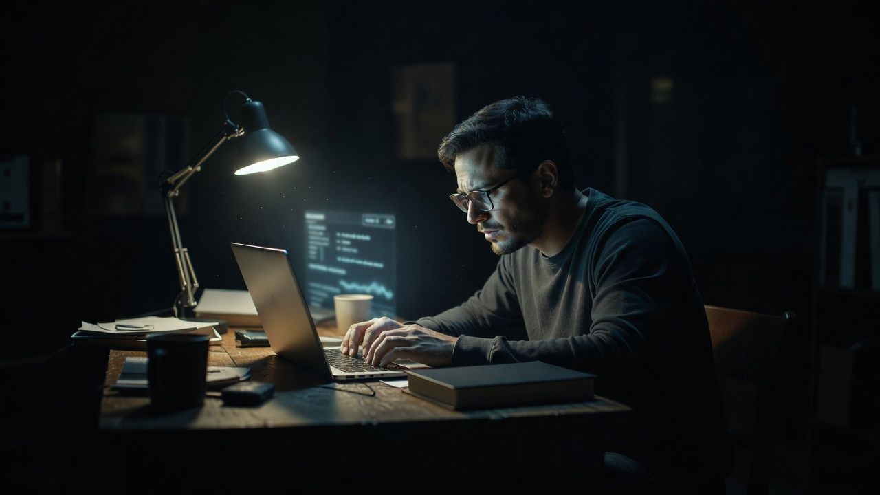 Reader hunched under a small lamp with an open book in a darkened room