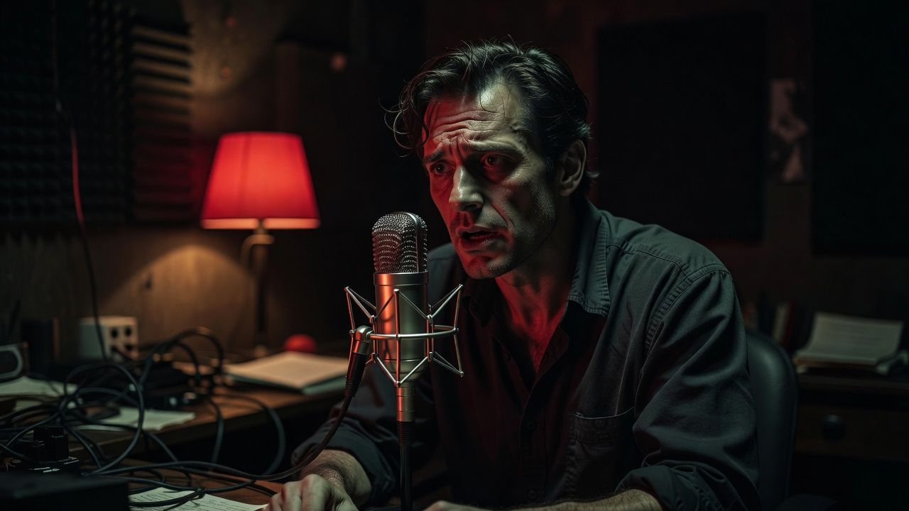 Podcast host at a microphone in a dim room lit by a single red lamp