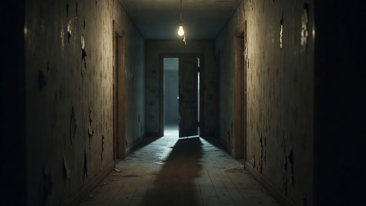 Empty hallway with a flickering bulb and a half-open door