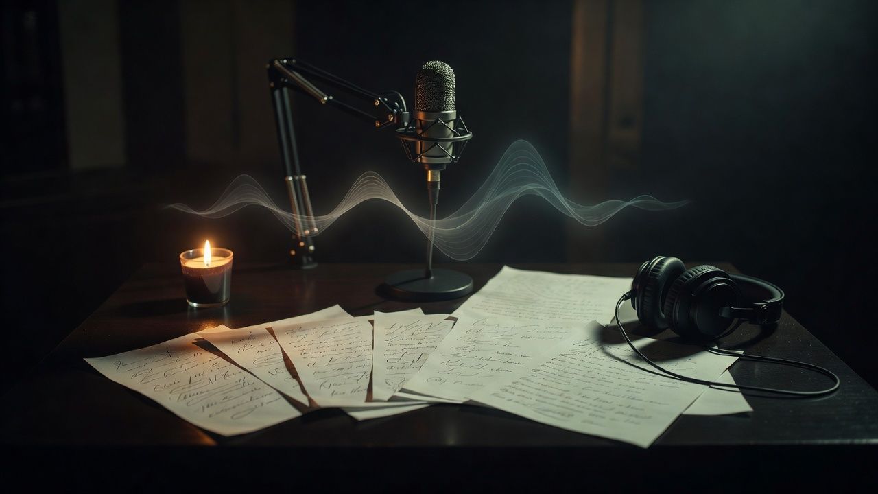 Script pages on a desk beside studio headphones and a candle