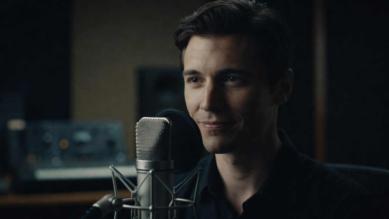 Narrator at a microphone with a faint knowing half-smile under soft studio light