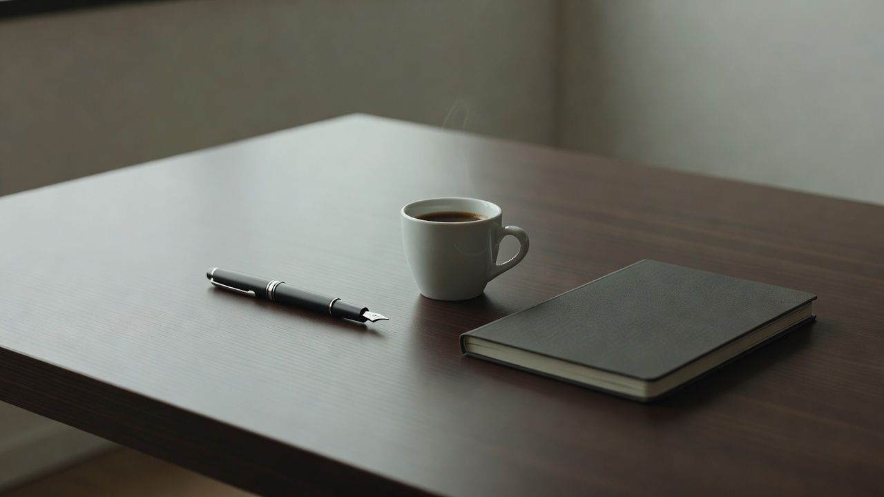 Tidy writing desk with a fountain pen, a single espresso cup, and a closed notebook
