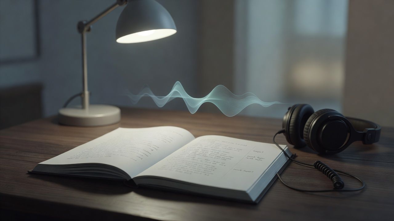 Open essay manuscript with a few phrases lightly annotated beside headphones