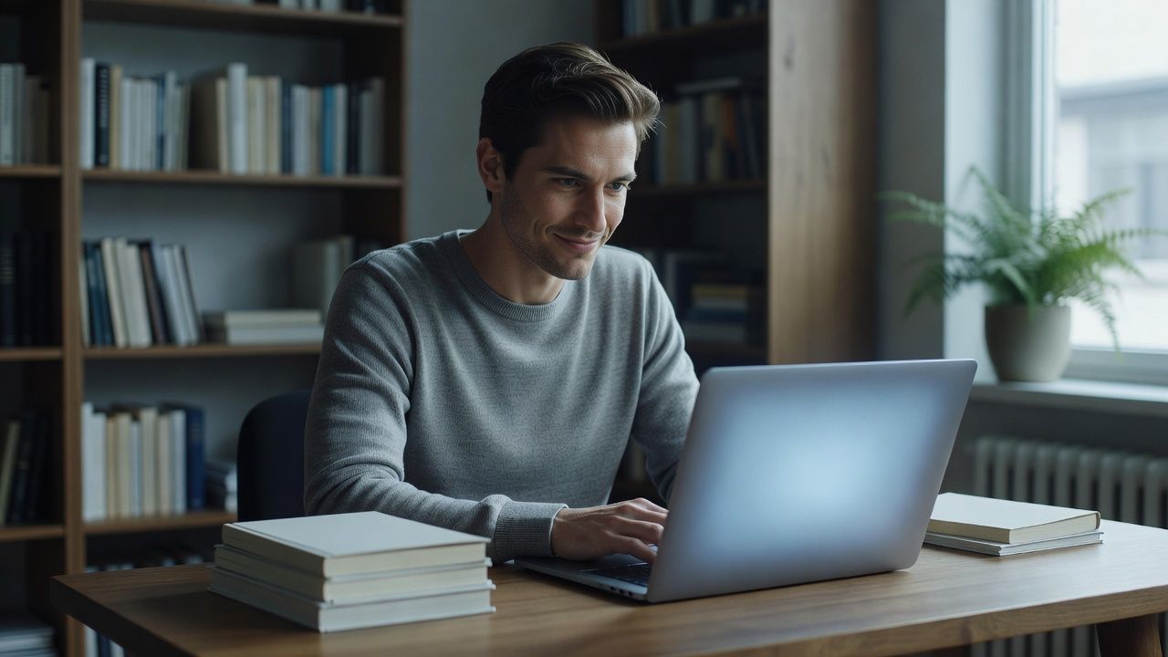 Writer at a laptop with a wry expression and a small stack of literary journals