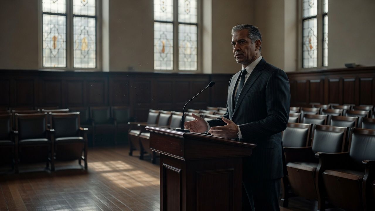 Attorney narrating into a microphone at a courtroom lectern