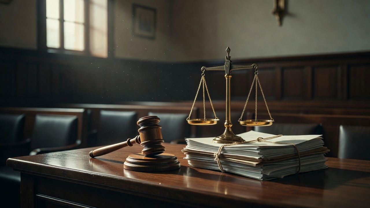 Gavel, case files, and a brass scale on a polished bench